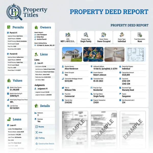 Sample Property Deed Report showing permits, owners, liens, values, loans, and document images