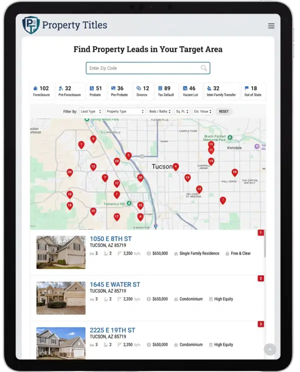 PropertyTitles lead finder on iPad showing interactive map