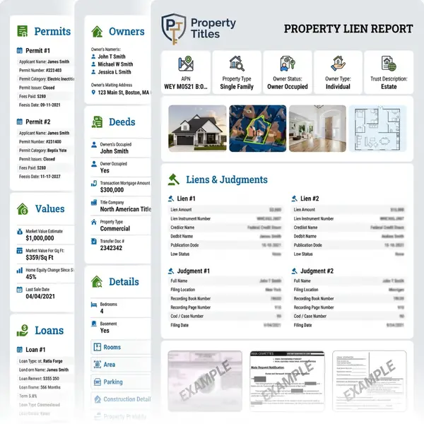 Sample Property Lien Report showing liens, judgments, deeds, values, and recorded documents