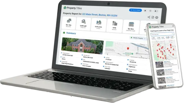 PropertyTitles platform on laptop and mobile showing title report and search interface