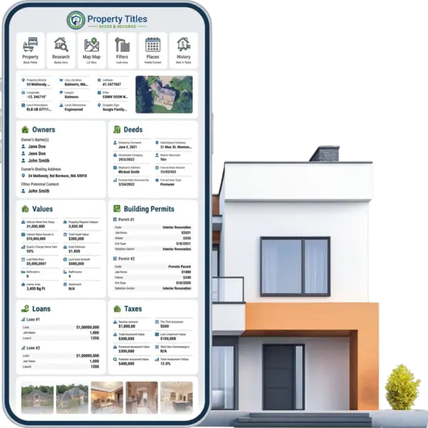PropertyTitles mobile app showing detailed property data including owners, deeds, values, permits, loans, and taxes
